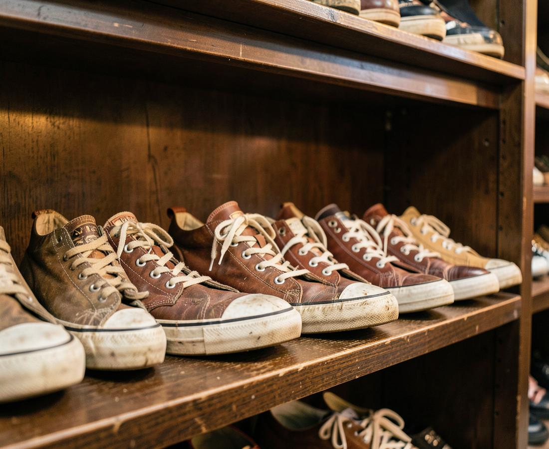 Buty vintage ustawione na drewnianej półce